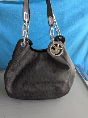 Michael Kors Lg Black Fulton Leather Shoulder Bag Signature MK Pristine